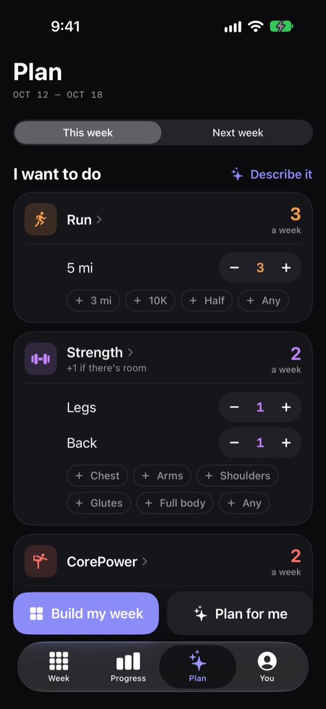 The Plan screen: how many runs, lifts, and classes you want each week.