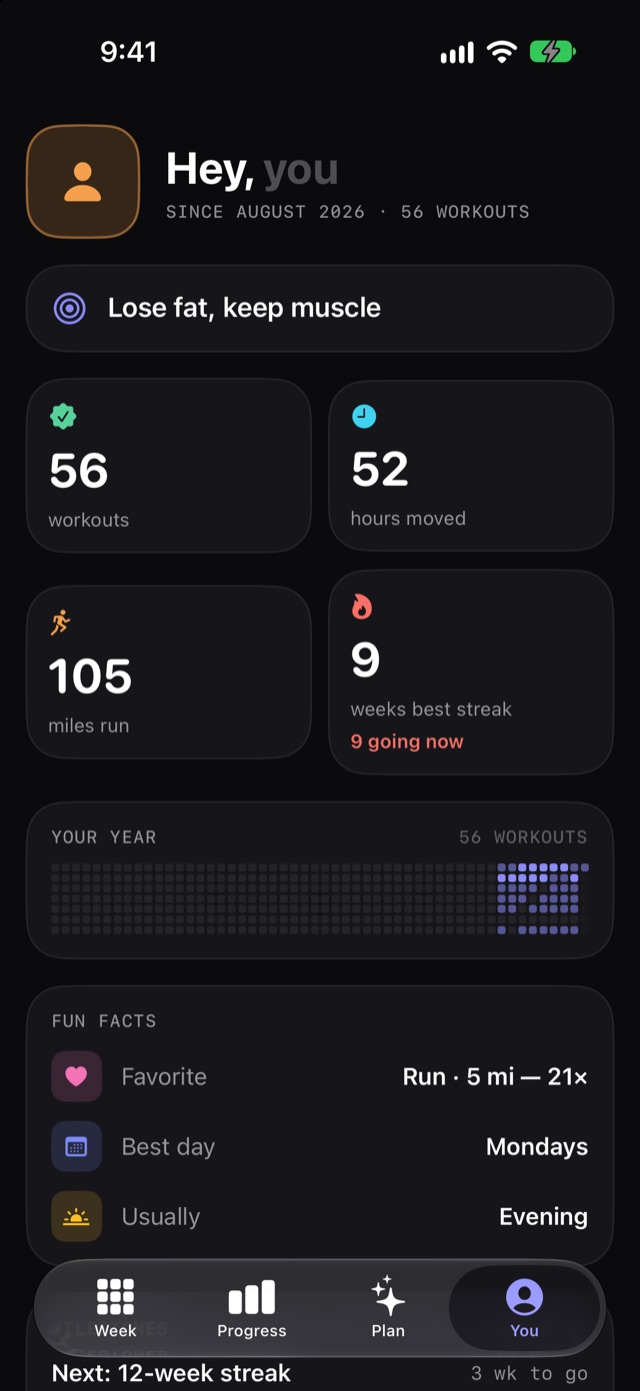 The You screen: total workouts, hours, miles run, streaks, and a year of workouts as a grid.